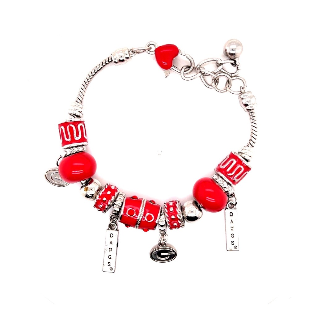 Georgia Bulldogs Red Silver Tone Charm Bracelet Dawgs G Logo Heart Clasp 8-9.5in